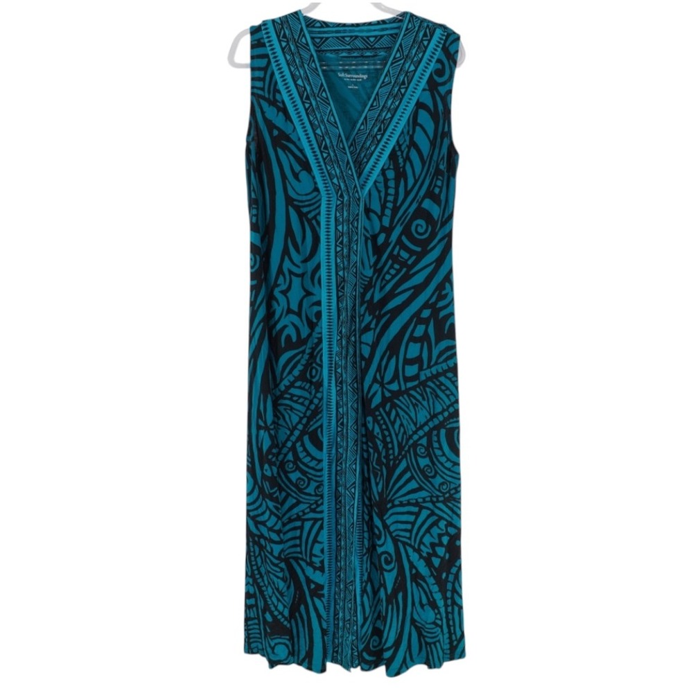 Soft Surroundings Teal Black Tribal Geometric Print Sleeveless Maxi Dress Large